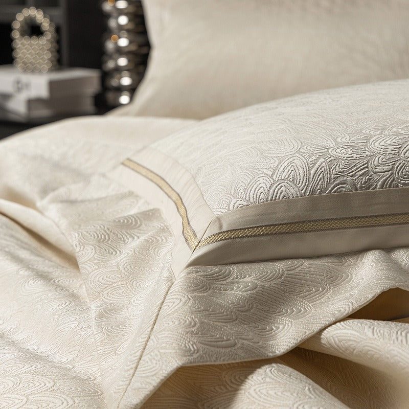 VILZSTUDIOS ivory cream plumage jacquard bedding set with broad borders and gold-tone piping