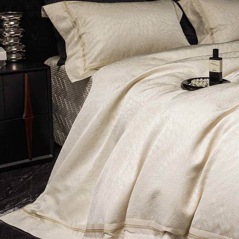 VILZSTUDIOS ivory cream plumage jacquard bedding set with broad borders and gold-tone piping