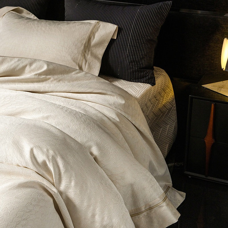 VILZSTUDIOS ivory cream plumage jacquard bedding set with broad borders and gold-tone piping