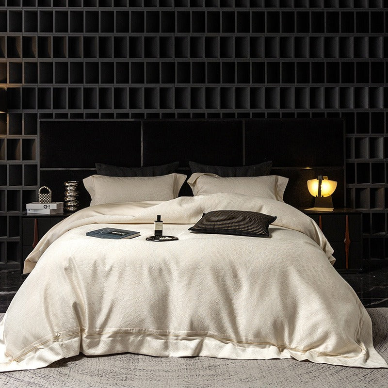 VILZSTUDIOS ivory cream plumage jacquard bedding set with broad borders and gold-tone piping