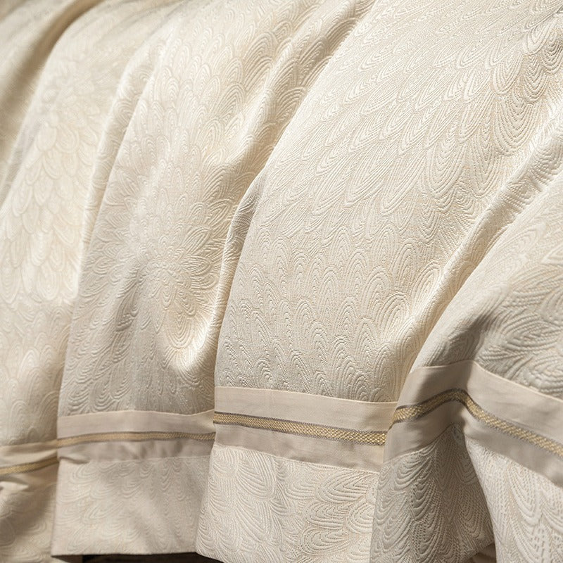 VILZSTUDIOS ivory cream plumage jacquard bedding set with broad borders and gold-tone piping