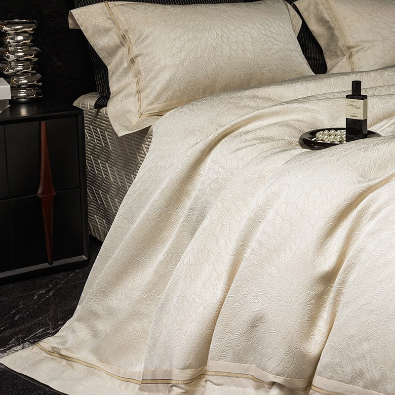 VILZSTUDIOS ivory cream plumage jacquard bedding set with broad borders and gold-tone piping
