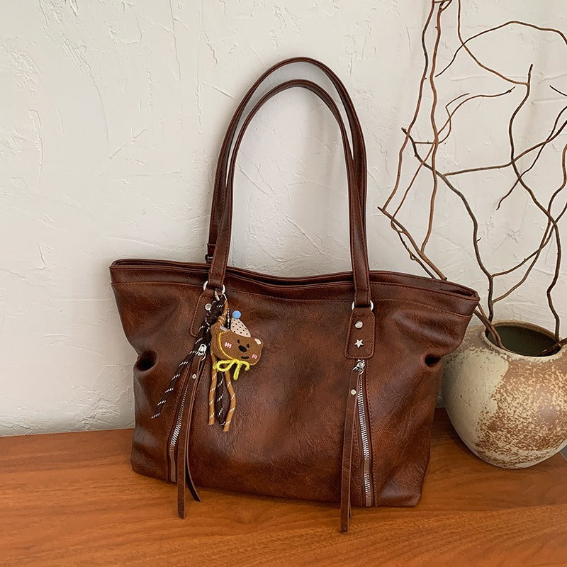VILZSTUDIOS dark brown plush bear keychain faux leather tote bag