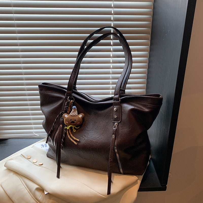 VILZSTUDIOS dark brown plush bear keychain faux leather tote bag