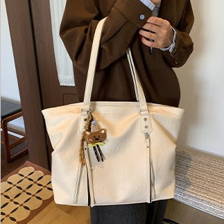 VILZSTUDIOS dark brown plush bear keychain faux leather tote bag