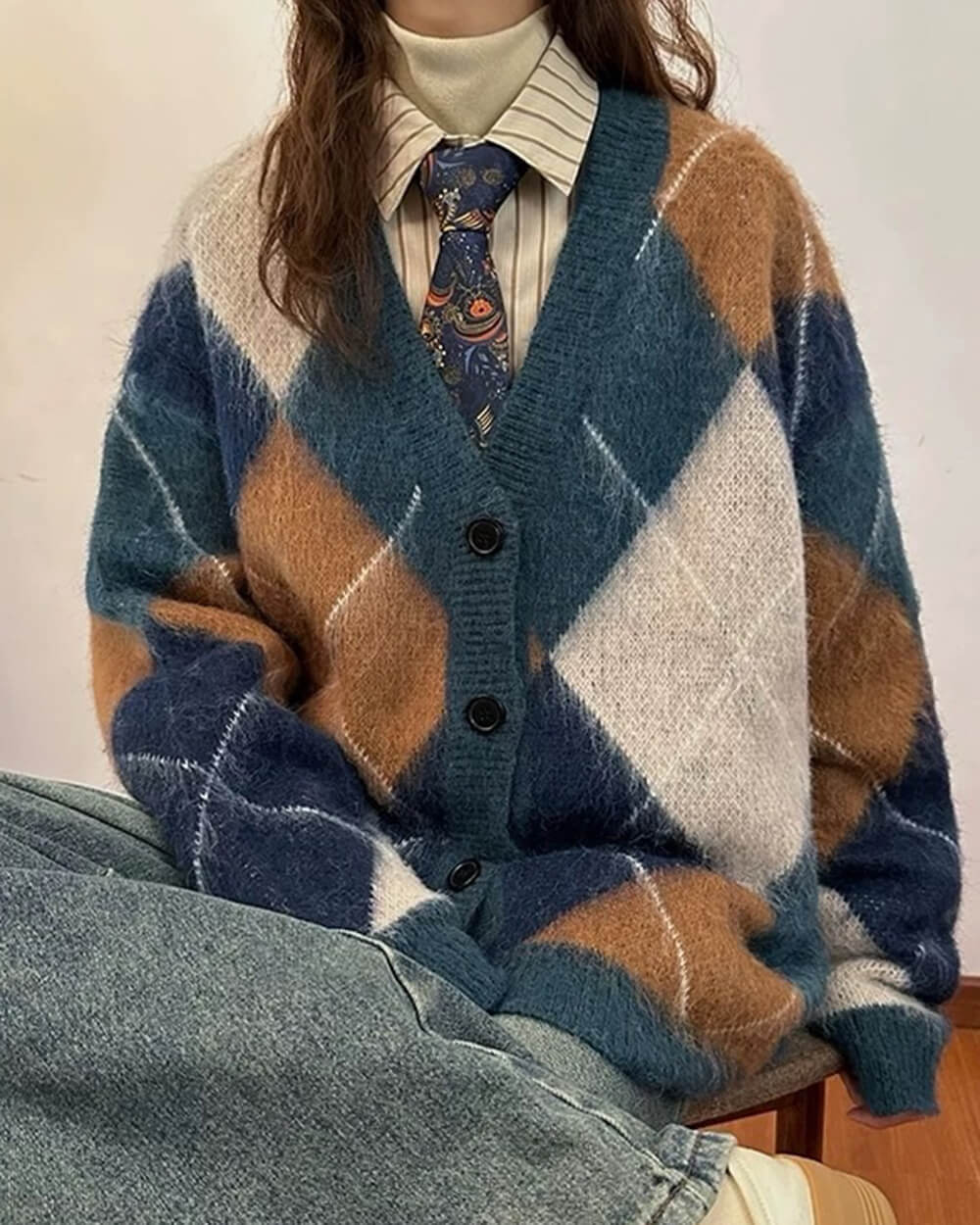 VILZSTUDIOS Preppy loose fit argyle cardigan for relaxed style