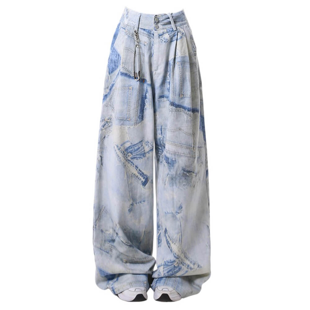 VILZSTUDIOS Stylish printed denim effect wide-leg trousers