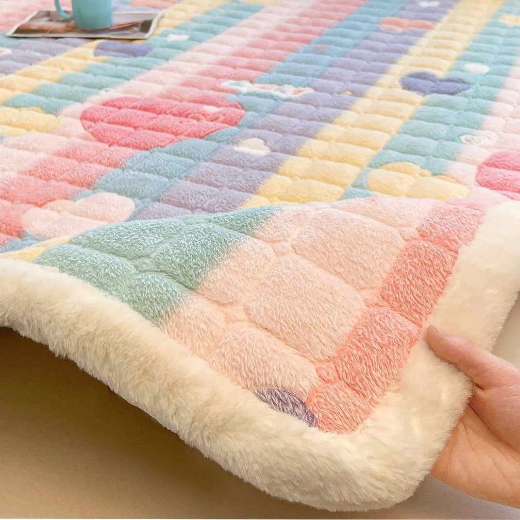 VILZSTUDIOS pastel rainbow and cartoon print fleece flat sheet with square quilting and fluffy white trim