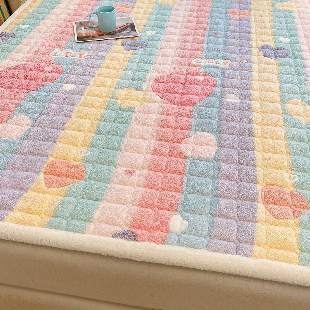 VILZSTUDIOS pastel rainbow and cartoon print fleece flat sheet with square quilting and fluffy white trim
