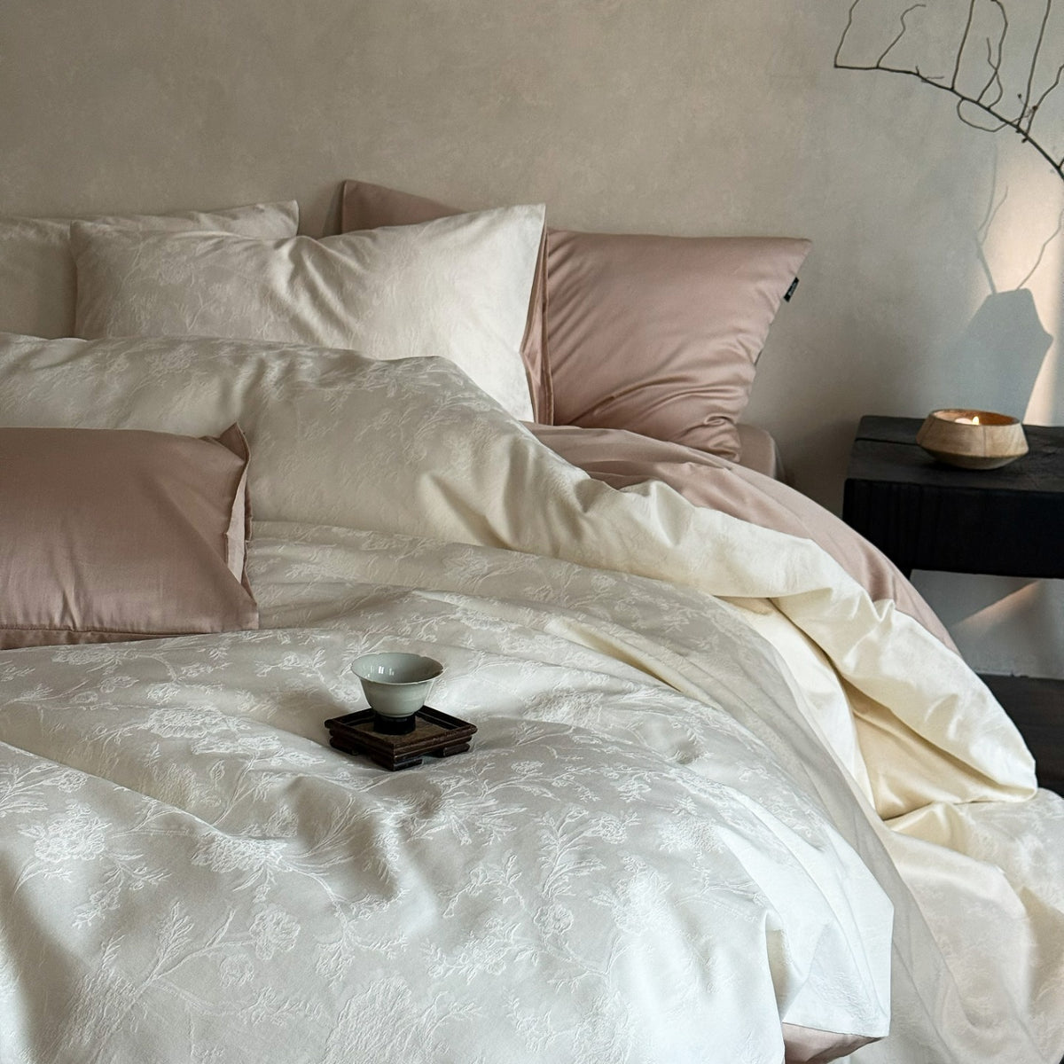VILZSTUDIOS muted beige, ivory, blush, sage-grey and lilac jacquard bedding set with raised woven patterns