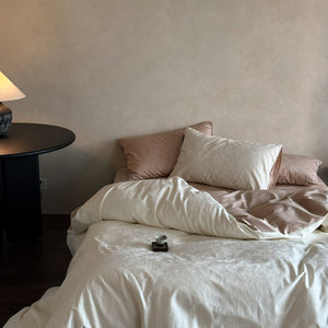 VILZSTUDIOS muted beige, ivory, blush, sage-grey and lilac jacquard bedding set with raised woven patterns