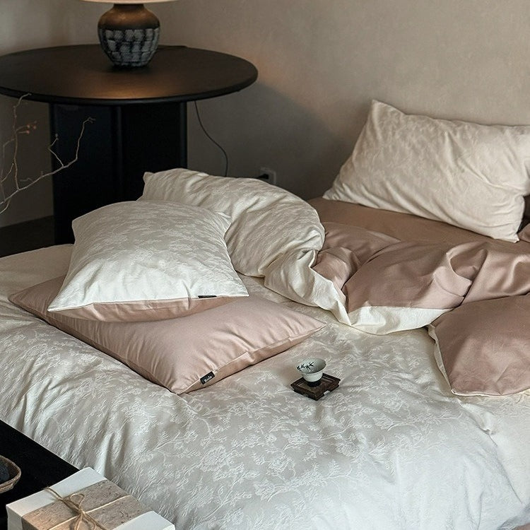 VILZSTUDIOS muted beige, ivory, blush, sage-grey and lilac jacquard bedding set with raised woven patterns