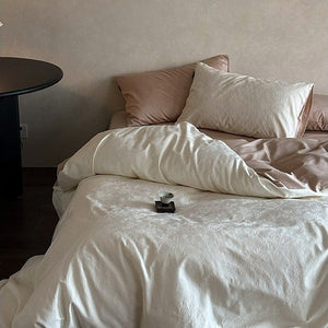 VILZSTUDIOS muted beige, ivory, blush, sage-grey and lilac jacquard bedding set with raised woven patterns