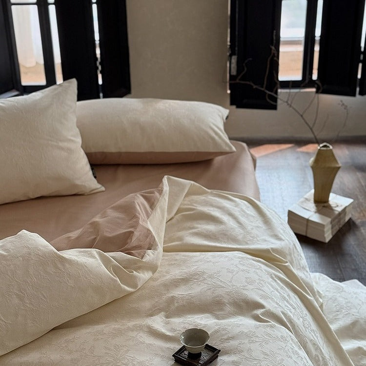 VILZSTUDIOS muted beige, ivory, blush, sage-grey and lilac jacquard bedding set with raised woven patterns