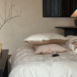VILZSTUDIOS muted beige, ivory, blush, sage-grey and lilac jacquard bedding set with raised woven patterns