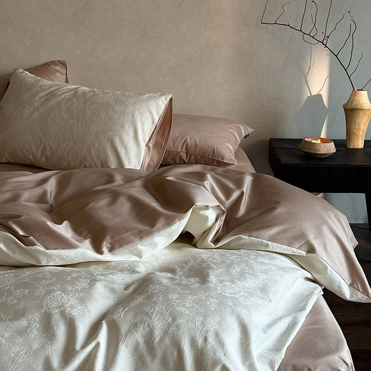 VILZSTUDIOS muted beige, ivory, blush, sage-grey and lilac jacquard bedding set with raised woven patterns