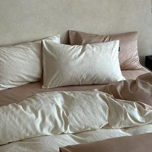 VILZSTUDIOS muted beige, ivory, blush, sage-grey and lilac jacquard bedding set with raised woven patterns