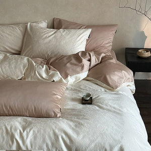 VILZSTUDIOS muted beige, ivory, blush, sage-grey and lilac jacquard bedding set with raised woven patterns