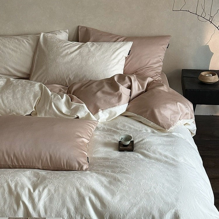 VILZSTUDIOS muted beige, ivory, blush, sage-grey and lilac jacquard bedding set with raised woven patterns