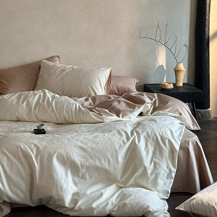 VILZSTUDIOS muted beige, ivory, blush, sage-grey and lilac jacquard bedding set with raised woven patterns
