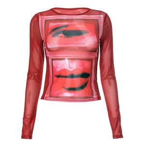 VILZSTUDIOS Stylish mesh long sleeve top with graphic design