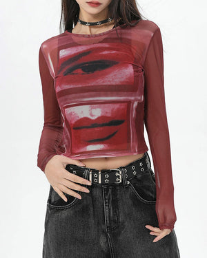 VILZSTUDIOS Stylish mesh long sleeve top with graphic design