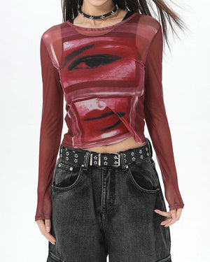 VILZSTUDIOS Stylish mesh long sleeve top with graphic design