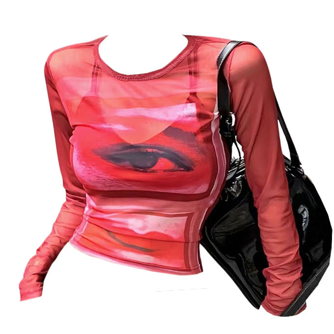 VILZSTUDIOS Stylish mesh long sleeve top with graphic design