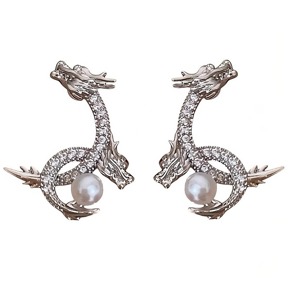 VILZSTUDIOS Regal dragon earrings with rhinestones and pearls