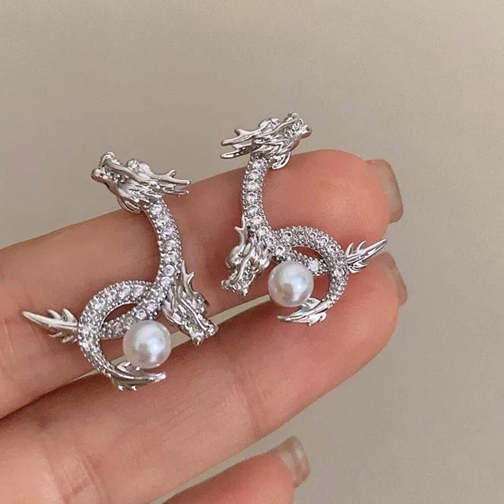 VILZSTUDIOS Regal dragon earrings with rhinestones and pearls
