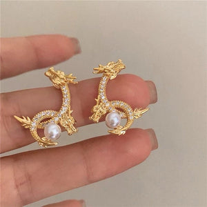 VILZSTUDIOS Regal dragon earrings with rhinestones and pearls