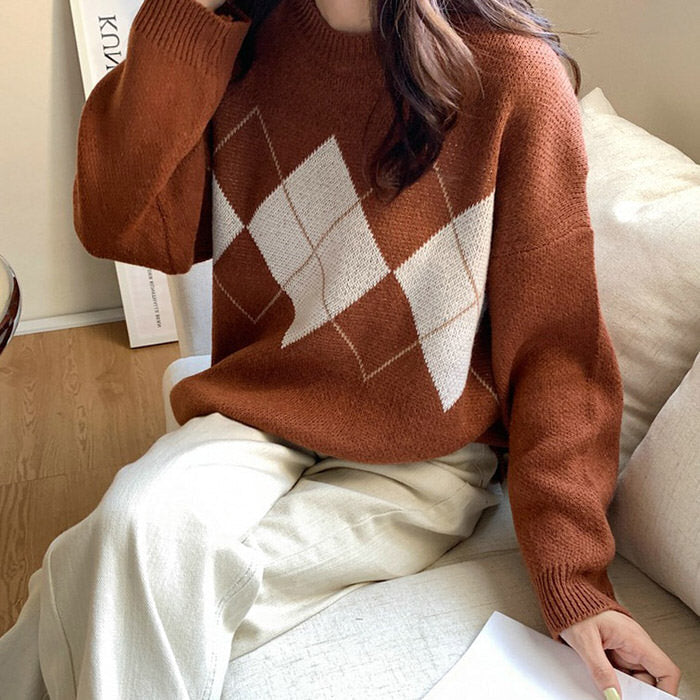 VILZSTUDIOS Retro argyle knit sweater for casual fashion
