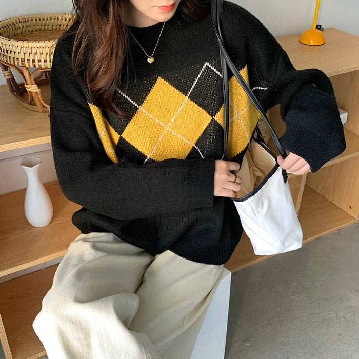 VILZSTUDIOS Retro argyle knit sweater for casual fashion