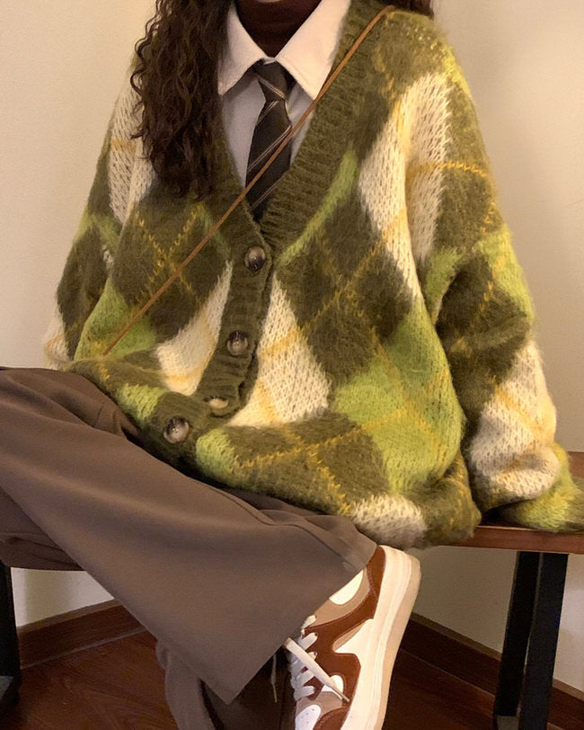VILZSTUDIOS Oversized cardigan sweater with argyle pattern