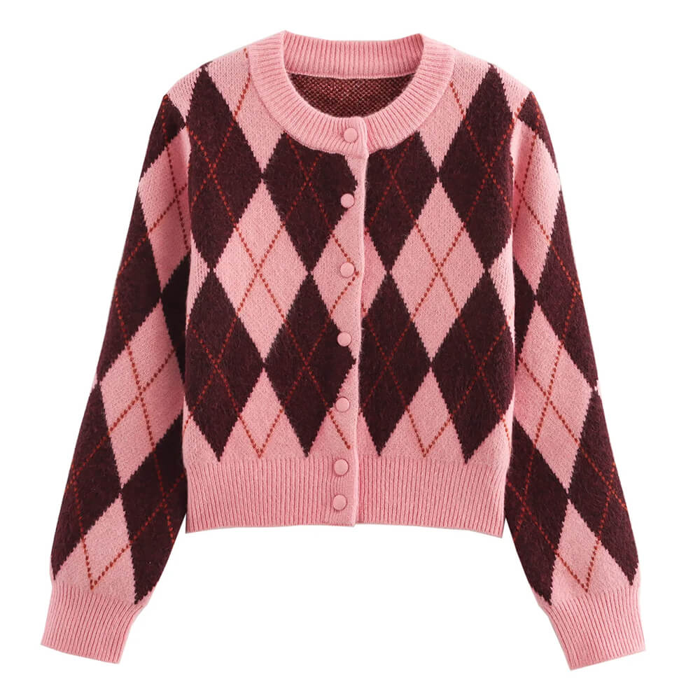 VILZSTUDIOS Retro argyle pattern cardigan for stylish streetwear
