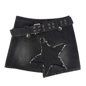 VILZSTUDIOS Stylish denim skirt with star patches and rivet belt