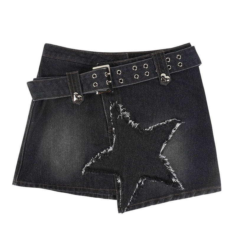 VILZSTUDIOS Stylish denim skirt with star patches and rivet belt