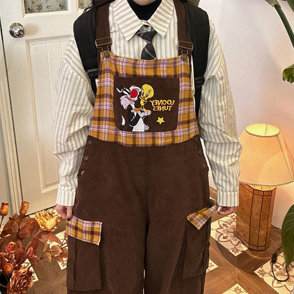 VILZSTUDIOS Retro corduroy dungarees with cartoon patchwork and plaid panel