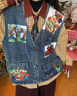 VILZSTUDIOS Denim vest with cartoon patches and oversized fit