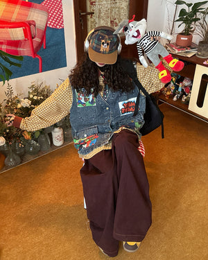 VILZSTUDIOS Denim vest with cartoon patches and oversized fit