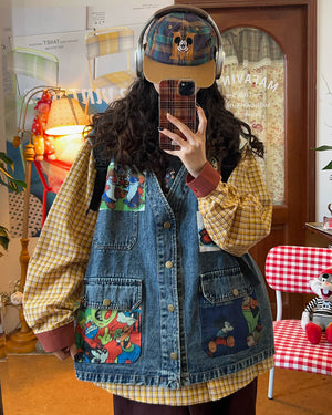 VILZSTUDIOS Denim vest with cartoon patches and oversized fit