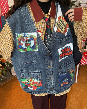 VILZSTUDIOS Denim vest with cartoon patches and oversized fit