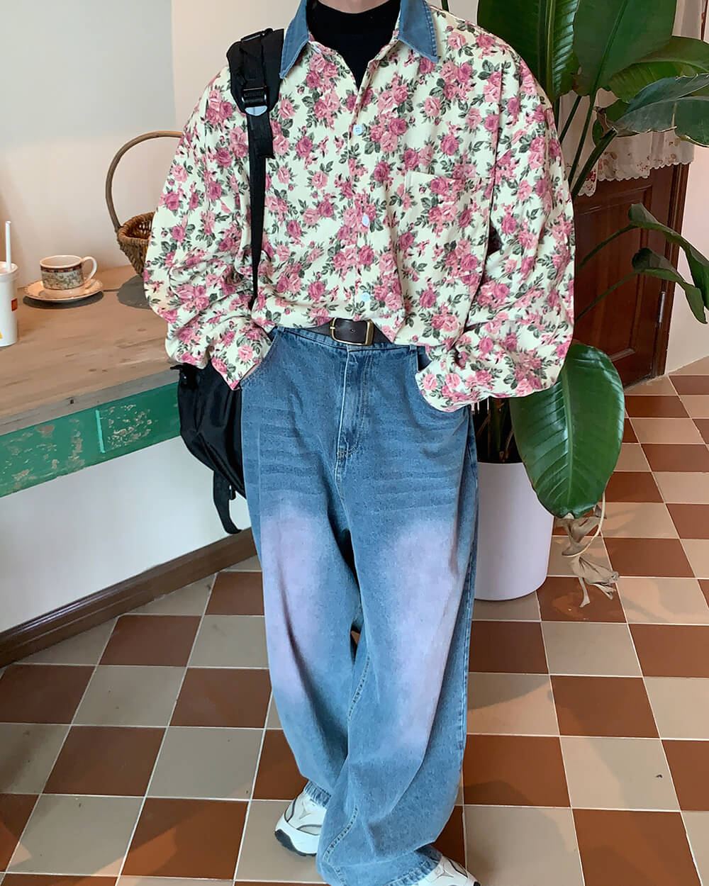 VILZSTUDIOS Floral button-up shirt with pink rose print