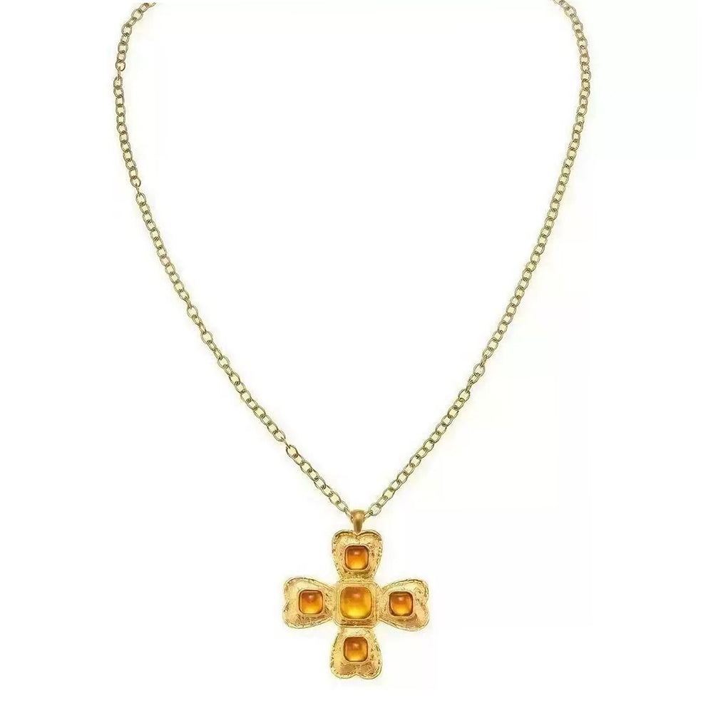 VILZSTUDIOS Golden cross pendant necklace with amber-like stones