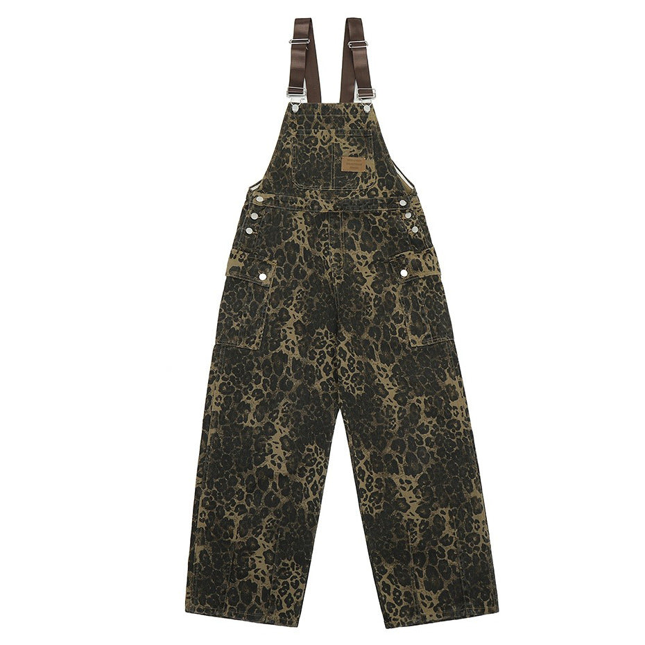 VILZSTUDIOS Leopard print wide-leg denim overalls