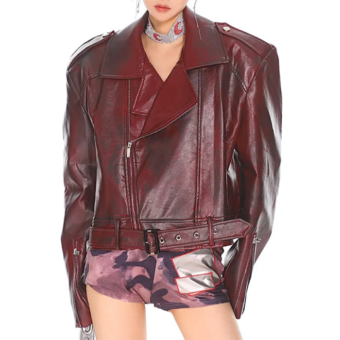 VILZSTUDIOS Retro oversized moto jacket in burgundy vegan leather