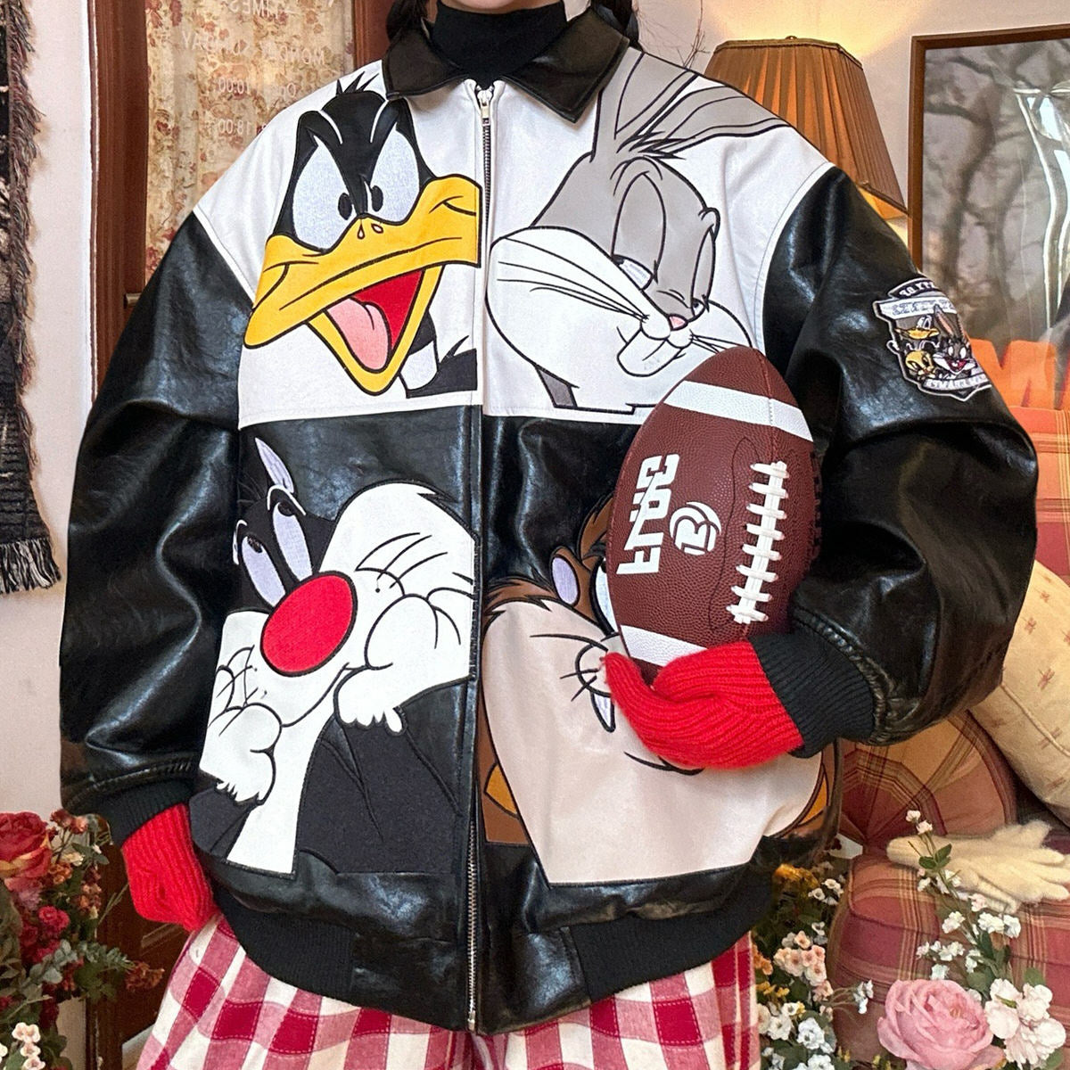 VILZSTUDIOS Oversized vegan leather jacket with cartoon patches