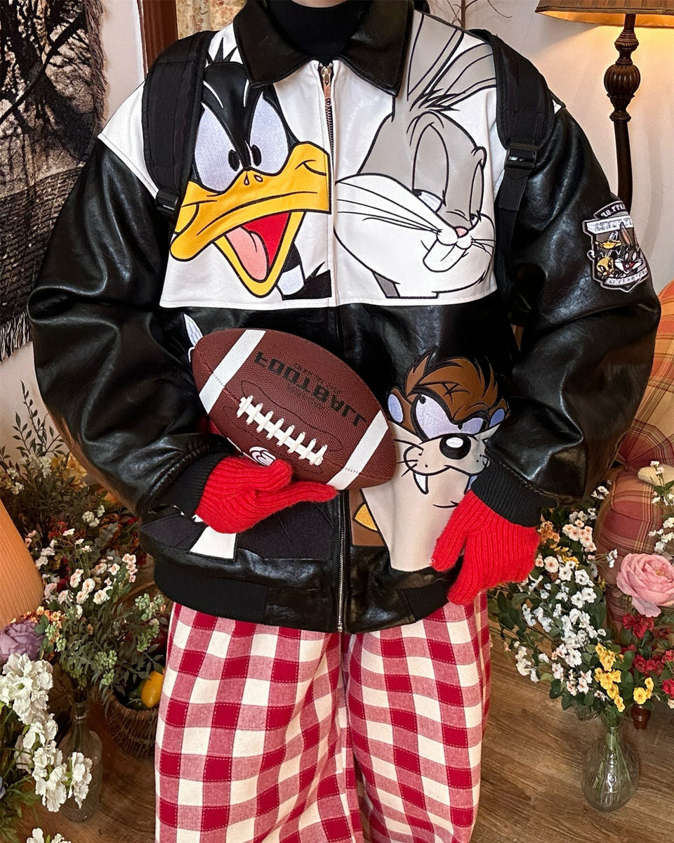 VILZSTUDIOS Oversized vegan leather jacket with cartoon patches
