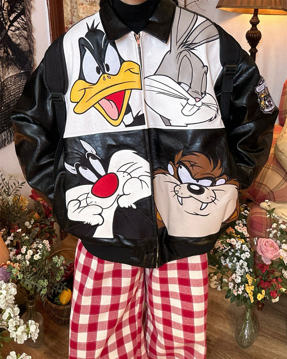VILZSTUDIOS Oversized vegan leather jacket with cartoon patches