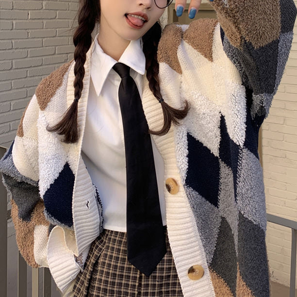VILZSTUDIOS Stylish oversized cardigan with retro argyle pattern